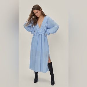 Ruffled Plunging Pleated Maxi Dress